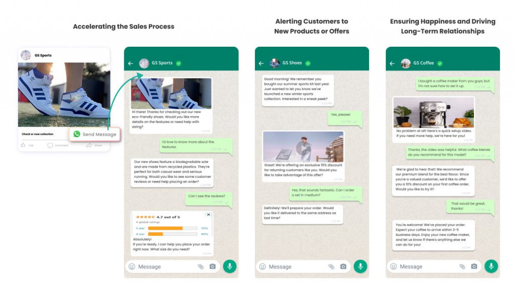 Chat mockups using WhatsApp Business API to enhance sales, alert customers to new products, and maintain long-term relationships. 