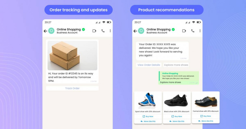 Order tracking and product recommendations whatsapp mockup