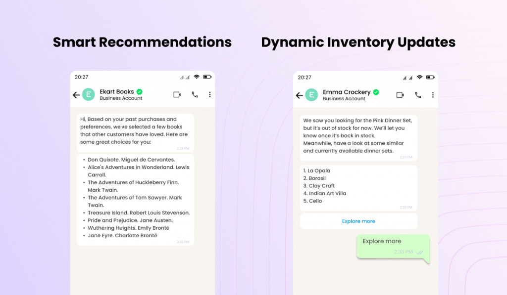 Smart recommendations and inventory update WhatsApp mockup image