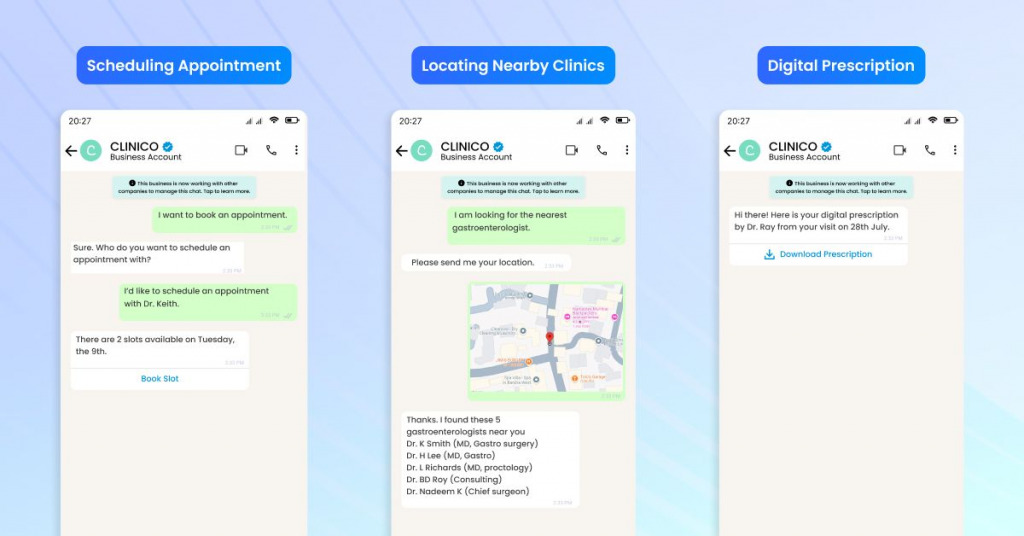 WhatsApp Mockup for locating nearby clinics, Scheduling Appointment, and digital prescription