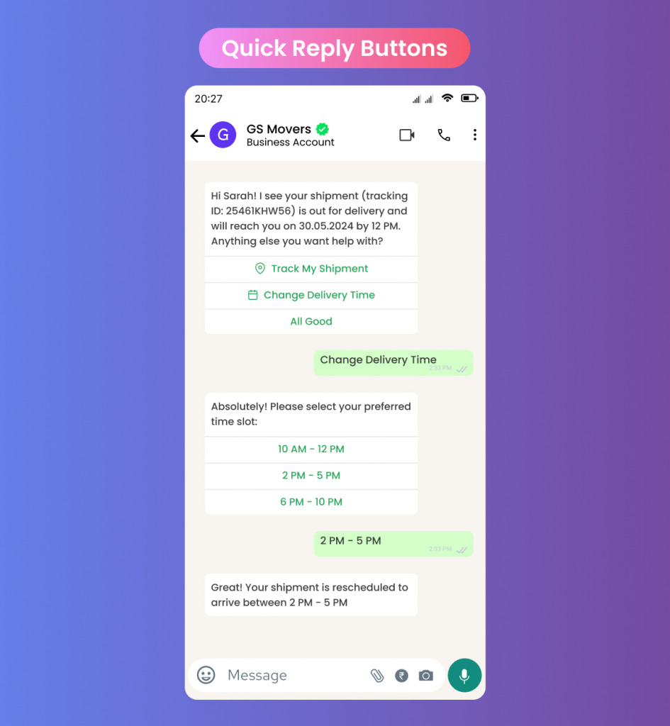 Offering quick reply buttons for last-mile tracking