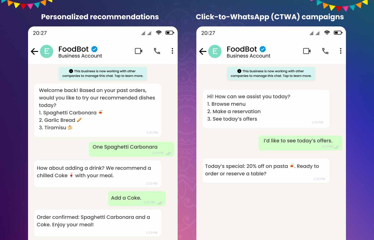 WhatsApp mockup personalized recommendations and CTWA